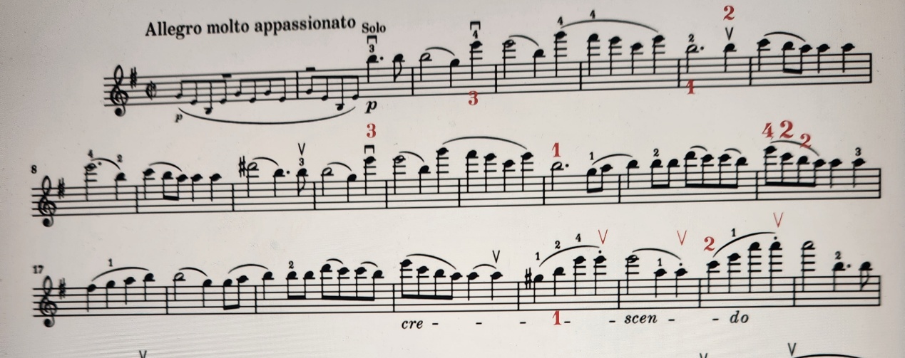 Sheet music excerpt from the opening of Mendelssohn's Violin Concerto with handwritten fingering markings